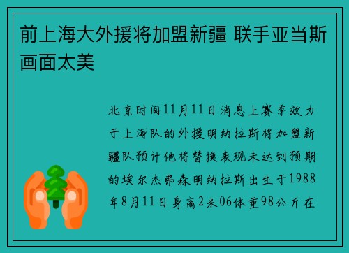 前上海大外援将加盟新疆 联手亚当斯画面太美